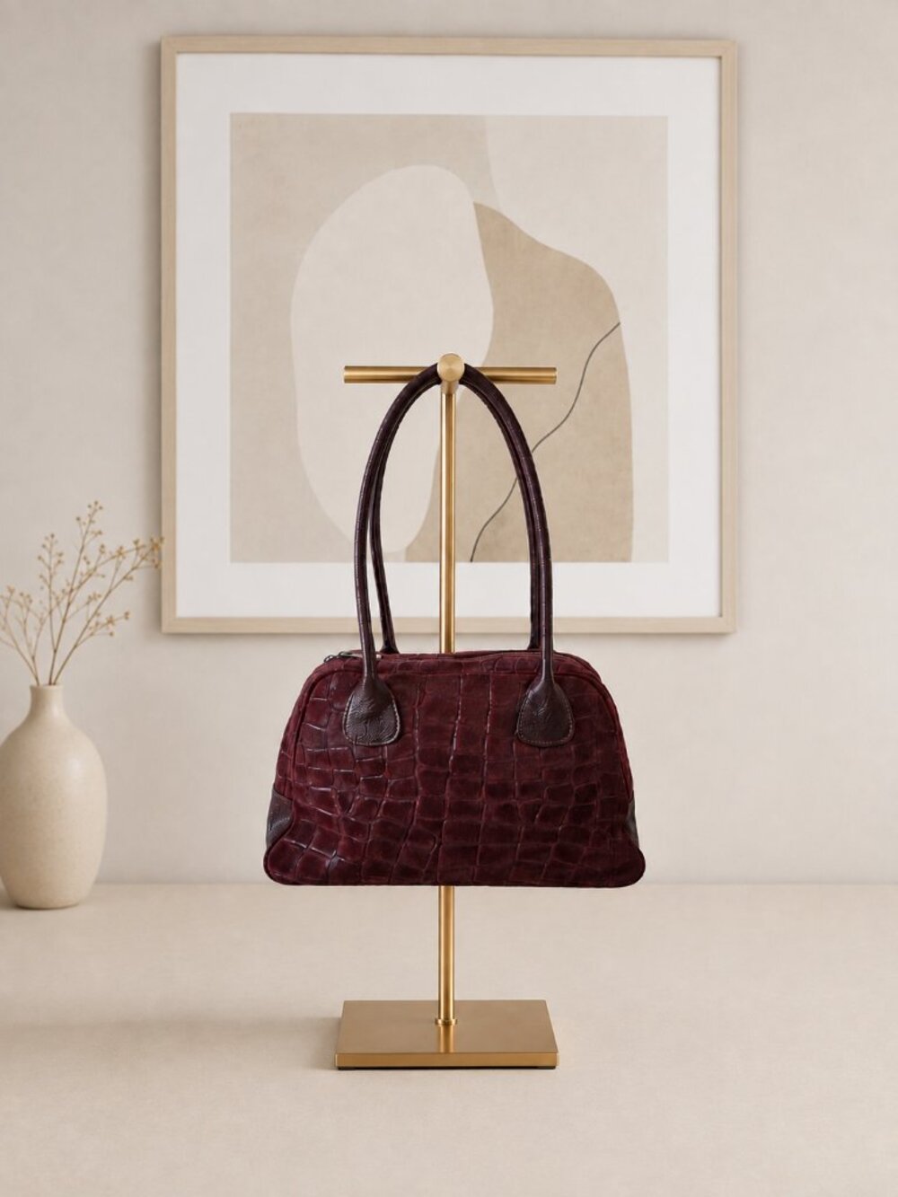 Burgundy Italian Leather & Croc-Embossed Suede Shoulder Bag – Large Dome Handbag